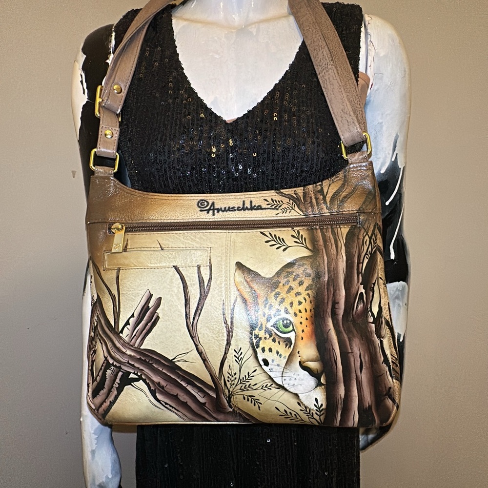 ANUSCHKA AFRICAN LEOPARD HAND PAINTED LEATHER CROSSBODY - Picture 5 of 14